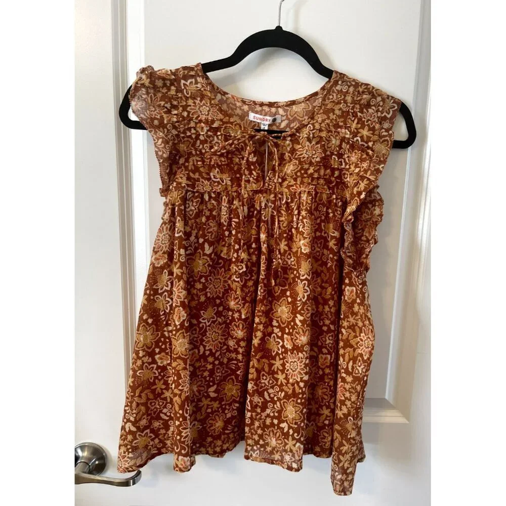 NWT Sundry Evereve Flutter Sleeve Blouse Sienna Floral Gauze Short Sleeve Size 1 - Picture 4 of 6